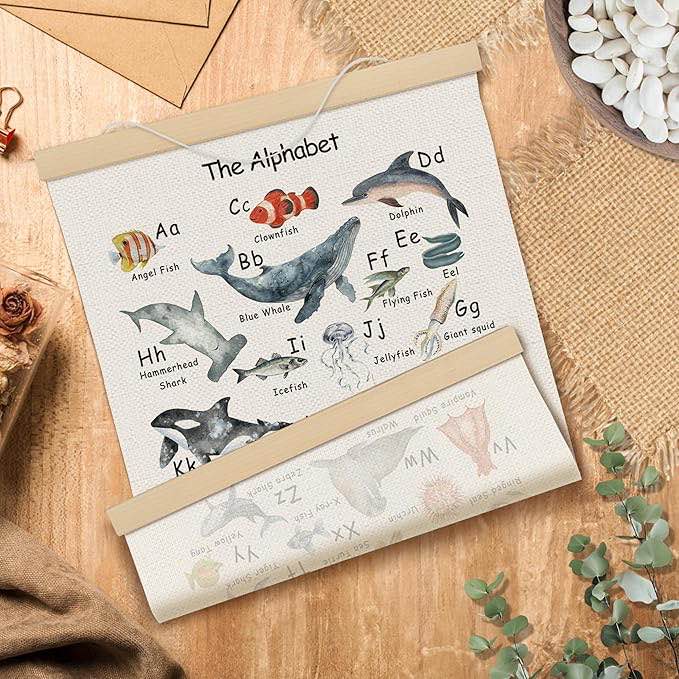 MOTERMATE Ocean Nursery Abc Alphabet Wall Art Poster Chart, Learning Educational Canvas Poster Hanger Frame for Toddlers Classroom, Ocean Under The Sea Nursery Wall Hanging Banner Decor, 12x16 In