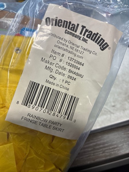 Condition photo showing New/Like New for Fun Express Rainbow Fringe Table Skirt (9 feet) Birthday Party Decor, Colorful Decorations for Classroom, Parade Float Supplies