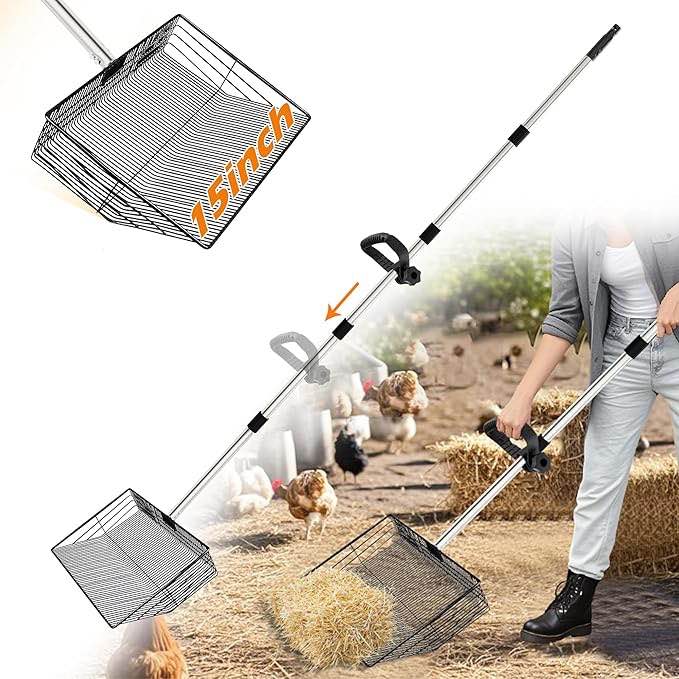 15 inch Large Chicken Poop Scooper with Effortless Grip, 4 Adjustable Lengths(24" to 70") Chicken Coop Pooper, Stainless Steel Chicken Coop Cleaning Tools Accessories, Litter Shovel for Poultry Farm