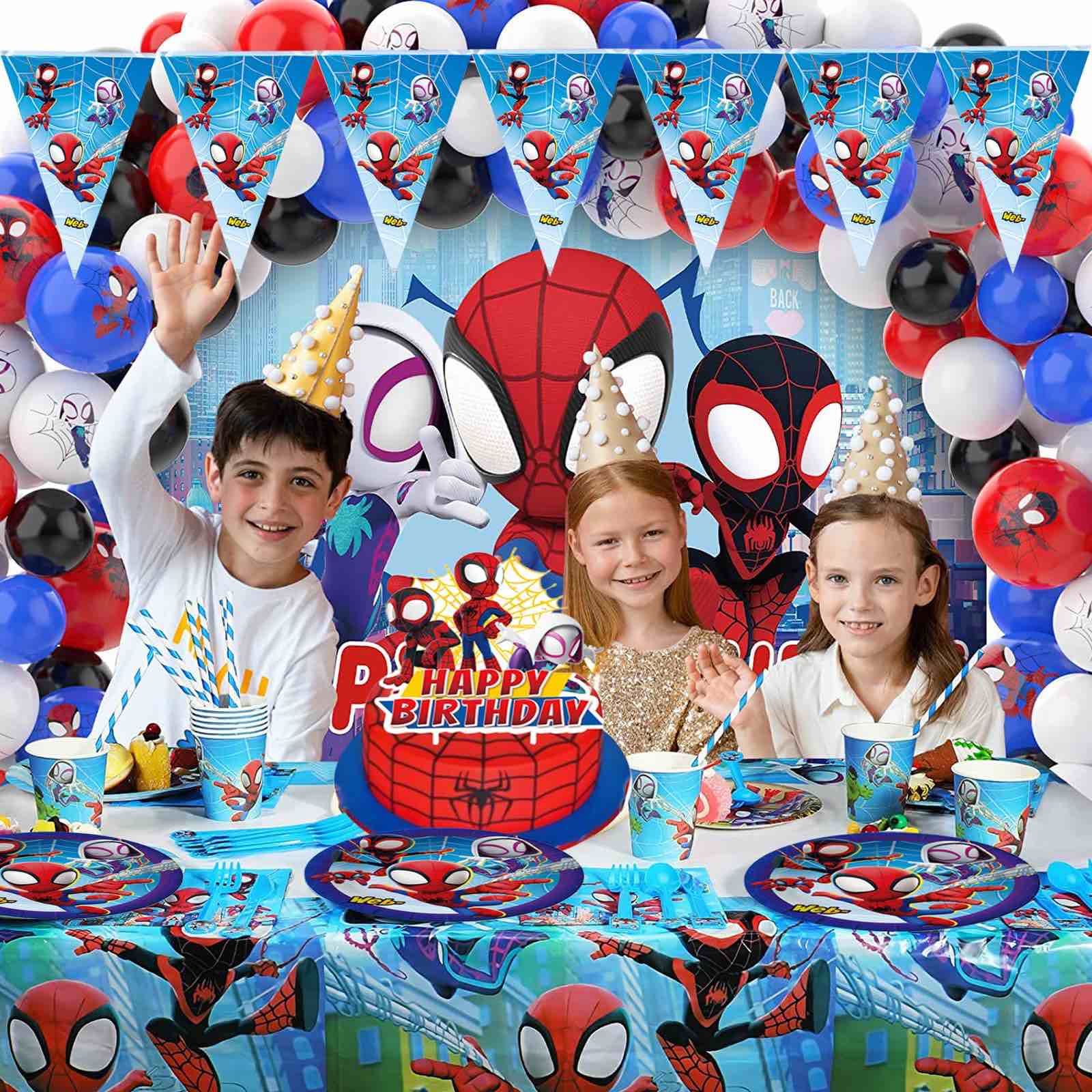 250Pcs SpiderThemed Party Tableware Set - Includes Paper Plates, Cups, Napkins, Balloons, Backdrop,Banner,knives, forks and spoons - Perfect for Kids' Birthday Parties & Family Gatherings