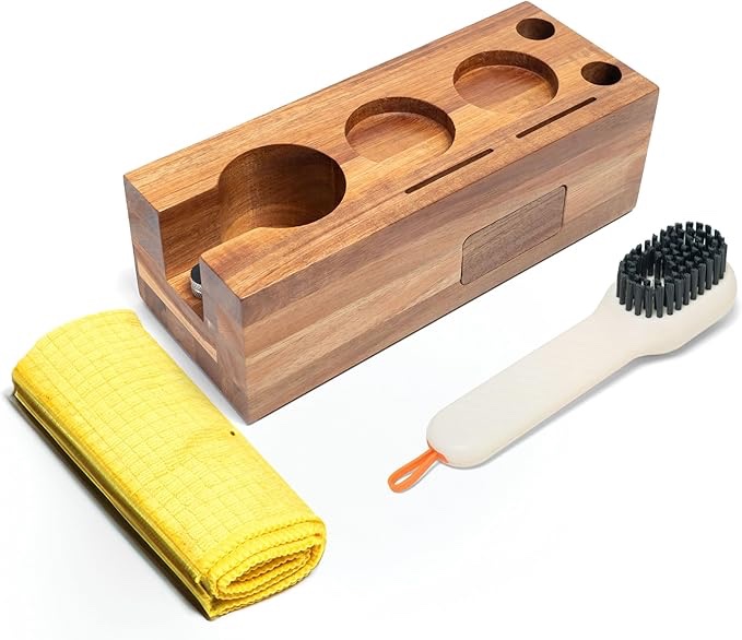 tampow acacia wood tamping station for coffee enthusiasts - stainless steel 304 base includes precision brush & cleaning cloth - perfect for home coffee corners & gifts