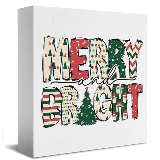 Christmas Desk Decor,Merry Cristmas Sign,Merry And Bright Wooden Box Sign, Vintage Home Office Bathroom Living Room Desk Bookshelf Tabletop Decor