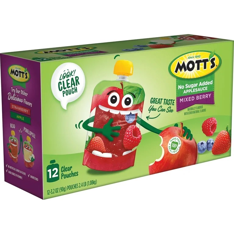 Mott's Sugar-Free Mixed Berry Apple Sauce, 3.5 oz (approx. 90.7 ml) clear bag (packs of 12), good source of Vitamin C, no artificial flavors.