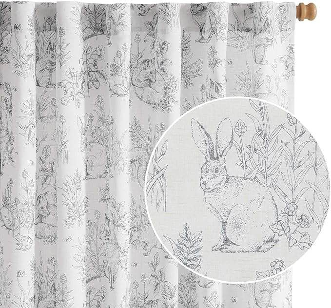 jinchan Linen Nursery Curtains 96 inch Long Woodland Wildlife Grey Print Drapes for Kid's Room Light Filtering French Country Farmhouse Gray Curtains