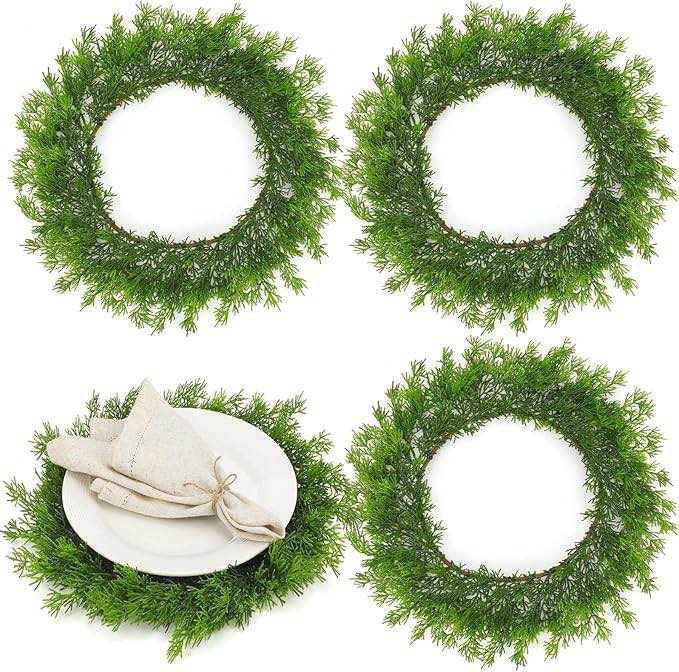christmas greenery placemats set of 4, round cedar wreath placemats, 16 inch artificial cypress plac