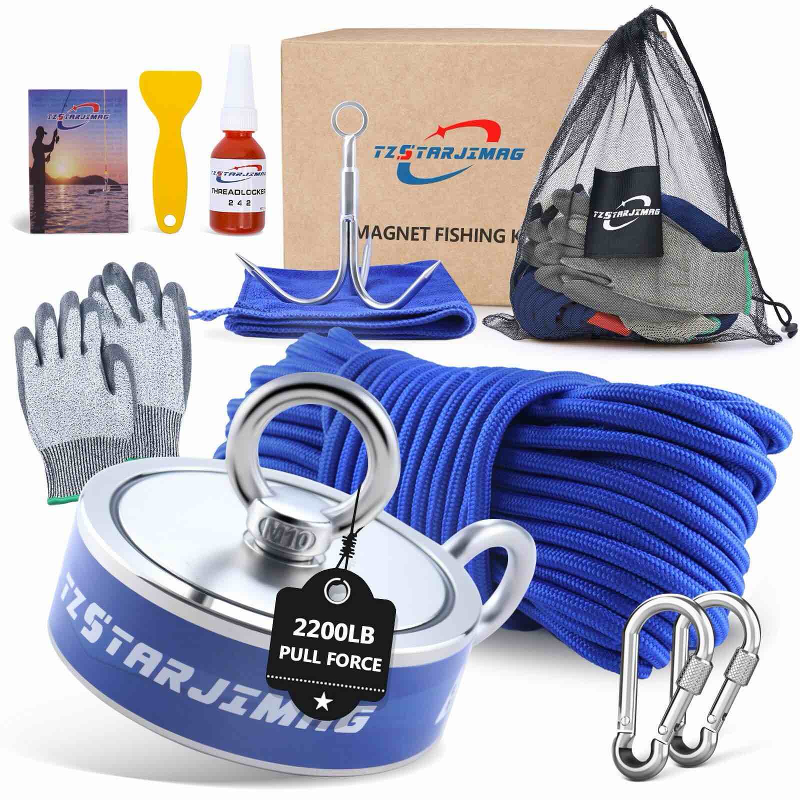 TZSTARJIMAG Double Side Magnet Fishing Kit, 2200 Lb Super Strong Neodymium Magnets with 66 Ft Rope, 3.85 Inch Large Magnetic Fishing Kit with Accessories for Treasure & Underwater Cleaning