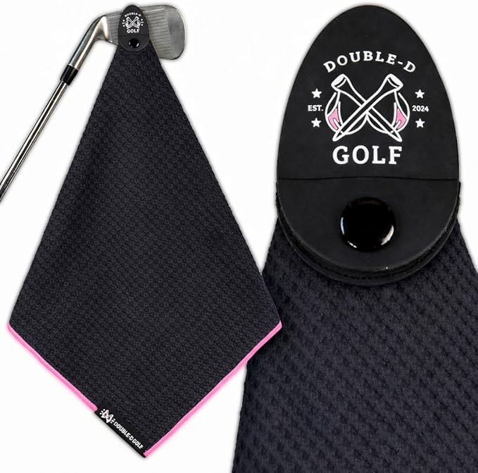 Double D Magnetic Golf Towel, Supporting Breast Cancer Research | 10% Profit Donation | 29-inch (approx. 73.7 cm) Microfiber Waffle | Removable High-Strength Magnet | Super Absorbent | Durable for Clubs and Balls
