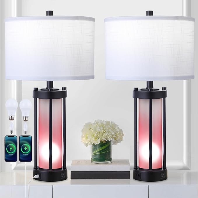 lambaouqu set of 2 table lamp for living room, rustic bedside lamp for end table with 2 usb charging ports, lamps for night stands for bedroom décor, birthday and holiday gifts for family and friends
