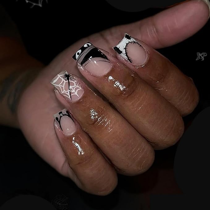 Halloween Press on Nails Short Square False Nails with Spider Web Design Patch French Tip Fake Nails Glossy Skin Tone Glue on Nail Full Cover Holiday Stick on Nail for Women Girls Manicure 24Pcs