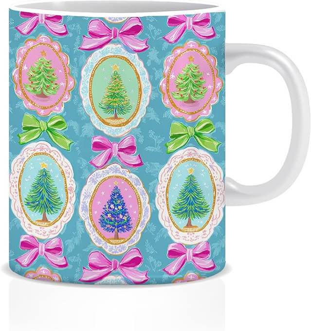 BUJSP Coquette Pastel Christmas Tree Mug, Preppy Pink Bow Christmas Tree Coffee Cups Ceramic, Vintage Xmas Winter Holiday Coffee Tea Mug 11oz