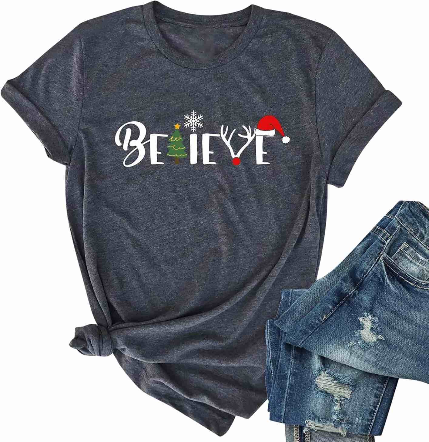 women christmas believe t-shirt christmas short sleeve shirt graphic print casual shirts tee tops