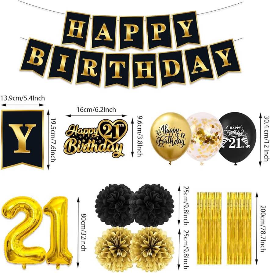 21st Birthday Decorations for Him - Happy 21st Party Kit in Black & Gold with Banner, Fringe Curtains, Balloons, Cake Topper & paoer Pom Poms - 21st Birthday Decor for Men & Women
