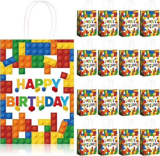 Building Block Party Present Bags Color Bricks Theme Treat Kraft Paper Goodie Favor Bag with Handle for Birthday Baby Shower Building Block Party Supplies
