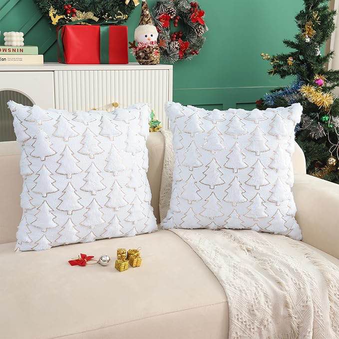 LUOYEHK Christmas Tree Throw Pillow Covers 18×18 Set of 2 Winter White Faux Fur Sequin Decorative Pillow Cases Merry Christmas Fluffy Cushion Covers for Couch Sofa Bed