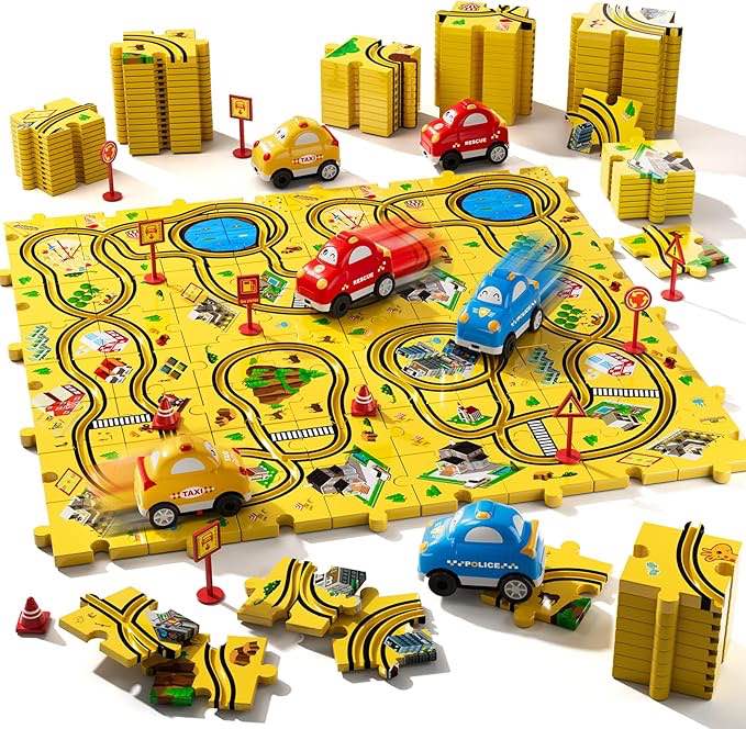 Beby Buty 64PCS Puzzle City Race Cars Track Set for Kids, Puzzle Racer Kids Car Track Set Ages 3-5 4-6, Toys Gifts for 3 4 5 Year Old Boys, 3 4 5 Year Old Boys Ideal Birthday Gift