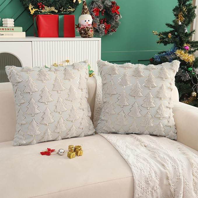 luoyehk christmas tree throw pillow covers 18×18 set of 2 winter white faux fur sequin decorative pillow cases merry christmas fluffy cushion covers for couch sofa bed
