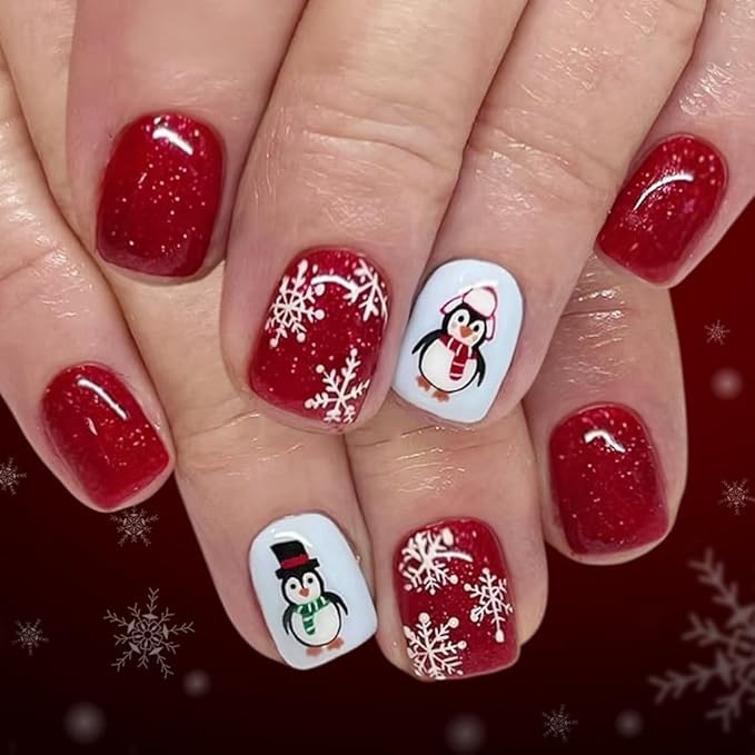 Christmas Press on Nails Short Square - Red Fake Nails with Snowflake Penguin Design - Winter Full Cover Stick on False Nails for Women 24 Pcs