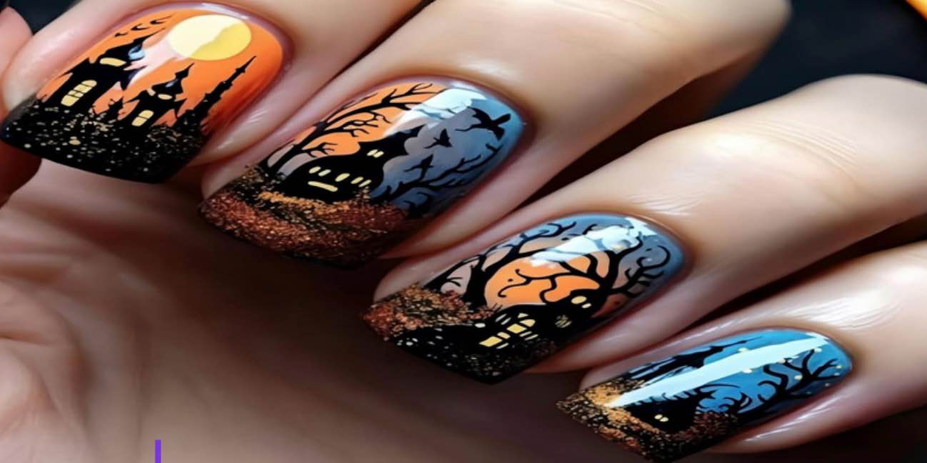 Halloween Press on Nails Medium Square False Nails with Branches Haunted House Design Bat Fake Nails Ombre Orange Blue Stick on Nails Reusable Full Cover Glue on Nail for Women Girls Manicure 24Pcs