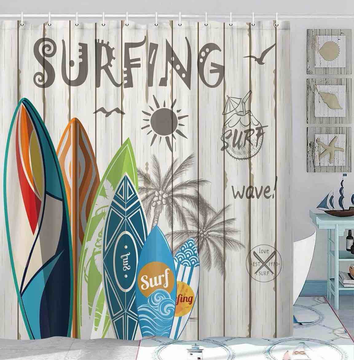 Beach Shower Curtains, Tropical Surfboard 