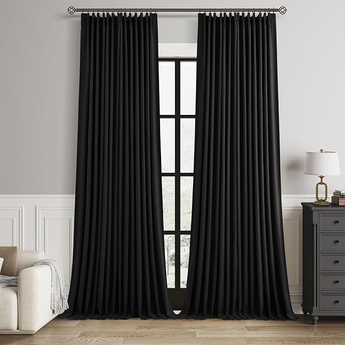 aersas 90 inch black pleated linen 100% blackout curtains for bedroom living room pinch pleat black out thermal insulated ring hooks back tab room darkening double layer drapes curtains with liner