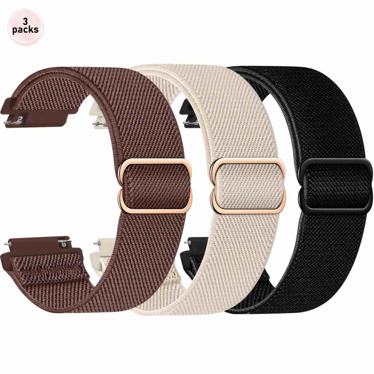 3 pack bands compatible with samsung galaxy watch 7 6 5 4 fe band 40mm 44mm/galaxy watch 6 4 classic bands 47mm 43mm 42mm 46mm/watch5 pro band, one click no gap elastic nylon wristband