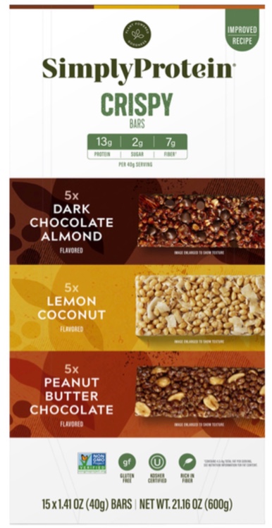 Simply Protein - Crispy Bars Variety Pack, 3 Flavors - Plant Based Protein Bars, Protein Snacks - 13g Protein, 2g Sugar, 7g Fiber - Vegan, Gluten Free, Non GMO, Kosher - 15 Bars, 1 Box