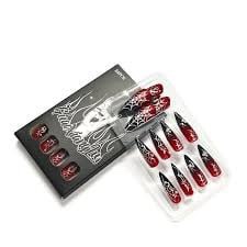 24pcs halloween press on nails almond black red long fake nails with glue silver spider web glue on nails reusable glossy full coverage acrylic nails for women halloween spider nail art supplies