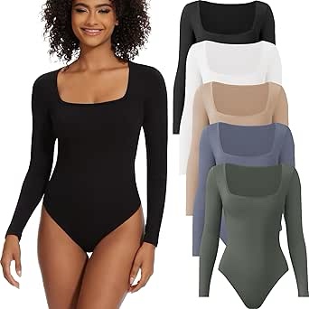 TVKSOM 5/3/1 Pack Long Sleeve Body Suits for Women Square Collar Basic Stretchy Casual Tops