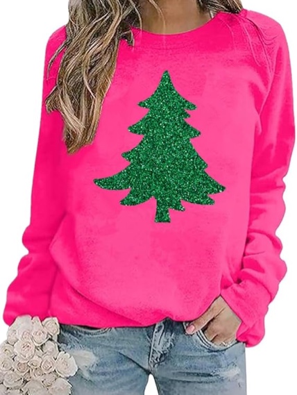 Muhuyi Christmas Sweatshirts for Women Merry Christmas Tree Santa Claus Letter Printed Shirts Xmas Pullover Tops(25-Rose Red 1,XL)