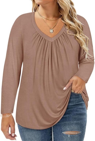 TIYOMI Womens Plus Size Tops Long Sleeve Pleated Flowy Round V Neck Tunic Dressy Casual Loose Fit T-shirts Blouses XL-5XL
