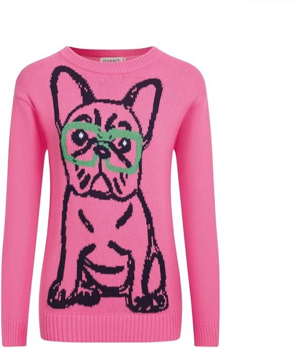 OXKnit Women's Knit Long Sleeve T-Shirts, Retro Dog with Glasses Pattern Casual Cotton Knit Tops