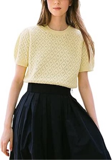 (Medium) Women's Skeleton Knit Short Sleeve Top Summer Crochet Crew Neck Pullover