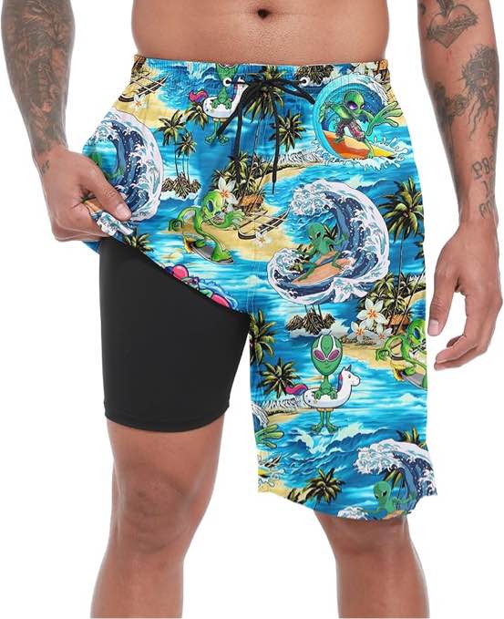 (Small) S SOIBOOGS Mens Swim Trunks with Compression Liner 9" Stretch Board Shorts 2 in 1 Quick Dry Swimsuits Bathing Suits