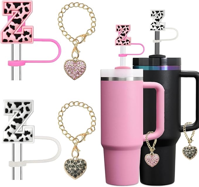 Amreich ?2+2?2 PCs Straw Cover for Stanley Cup 30 & 40 Oz Tumbler Accessories, Leopard Initial Letter Straw Topper Cap Protector Lid with 2 PCs Bling Diamond Heart Stanley Handle Charms (Letter Z)