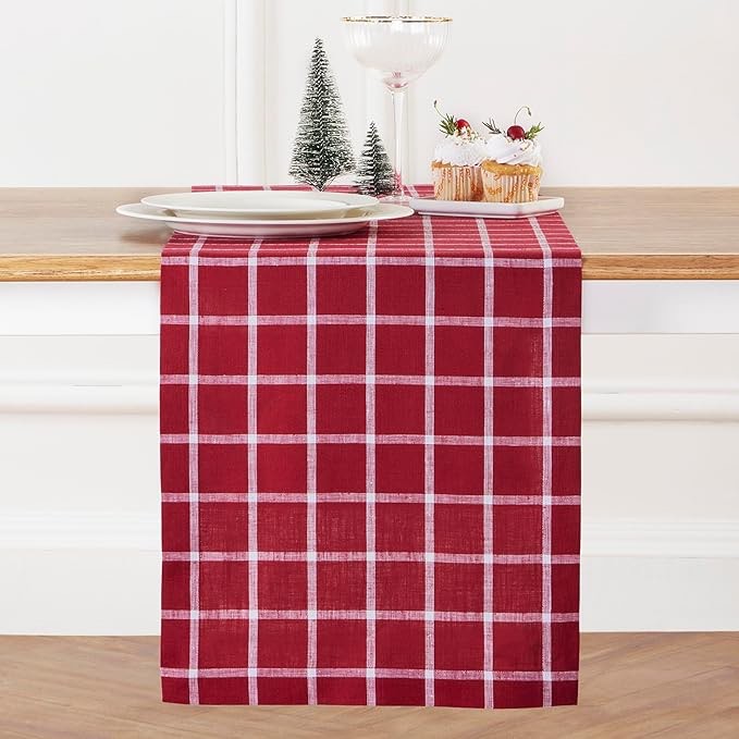 solino home linen plaid table runner 120 inches long - 100% pure linen windowpane red table runner 14 x 120 inch for dining, valentines