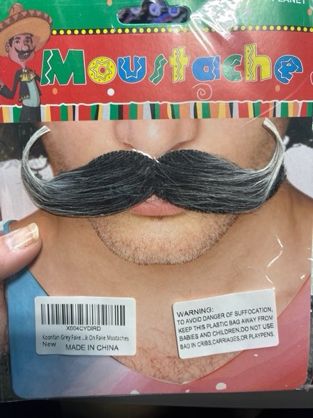 Condition photo showing New/Like New for Koonfan Fake Mustache for Men Classic Halloween DIY Self Adhesive Fake Beard Novelty Stick On Fake Mustaches Gray
