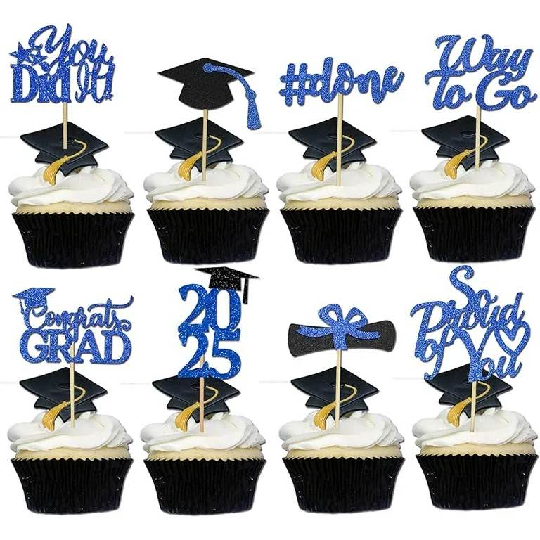 graduation cupcake toppers 2025, 2025 graduation party decorations, 24 pcs glitter class of 2025 cake toppers, blue congrats grad cap diploma cupcake picks food picks for graduations party decorations