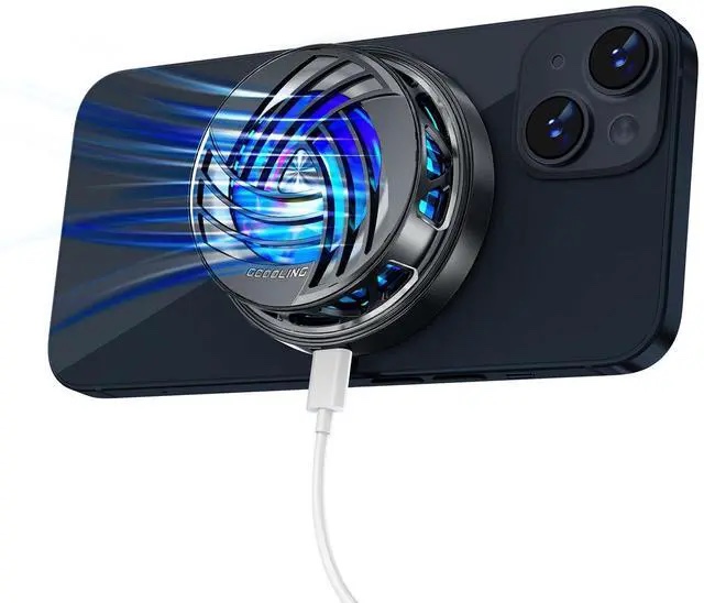 pepper jobs cell phone fan magnetic cooler, cooling fan with magnetic plates led display rgb lights and instant cooling system without noise for iphone 11 12 13 14 series/android/tablet/ipad-black