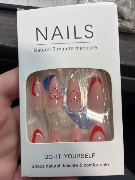 Condition photo showing New/Like New for Christmas Press on Nails Medium Almond Cute Fake Nails Red French Tip False Nails Press ons with Xmas Hat Candy Cane Heart Designs Glossy Acrylic Full Cover Stick on Nails for Women Manicure 24Pcs