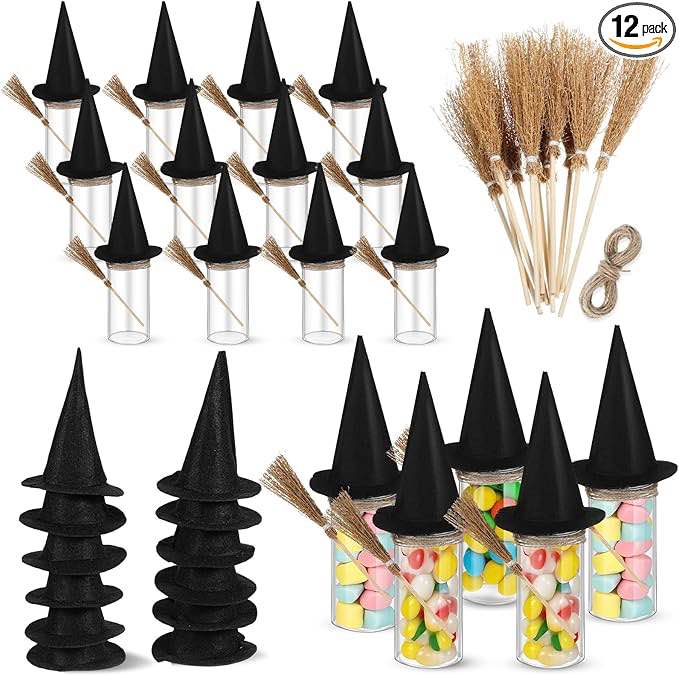 soulchen 12 pcs halloween witch candy tubes set trick or treat diy mini candy jars with mini witch hat brooms halloween test tubes with lids for party favors(4.05 oz) small witch