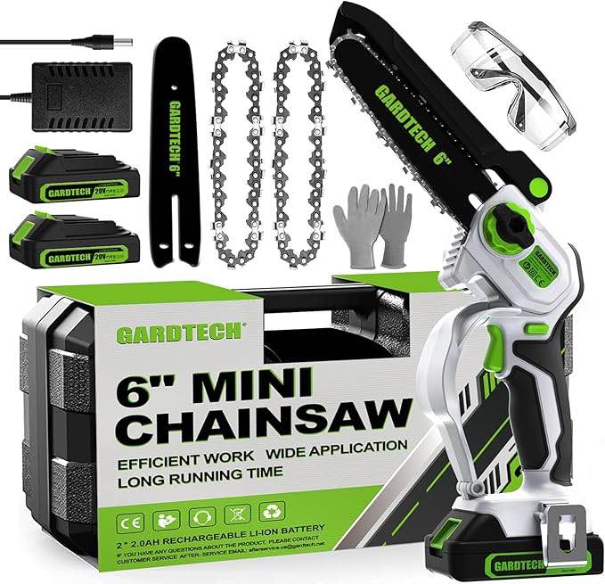 gardtech mini chainsaw cordless 6 inch - portable electric chainsaw cordless battery powered, handheld small chain saw with 2-side security lock [southpaws friendly] for wood cutting, pruning branches two batteries - 6 inch new