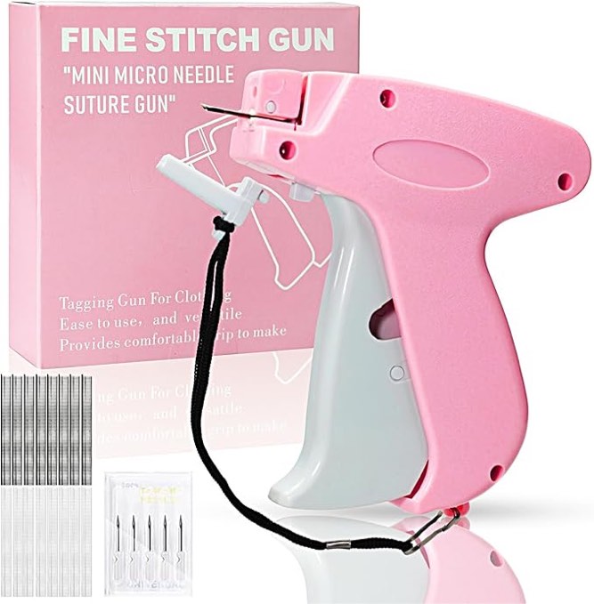 stitch gun for clothes - handheld stitch gun quick clothing fixer - tagging gun - includes 6 needle, 1000 black fasteners & 1000 white fasteners (pink/orange)