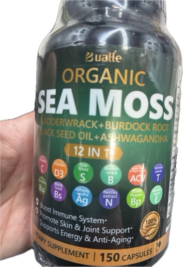 Condition photo showing New/Like New for Bualle Irish Sea Moss Capsules – Organic Sea Moss, Black Seed Oil, Ashwagandha Supplements with Bladderwrack, Ginger & Burdock Root – Supports Daily Wellness, Skin & Energy – 150 Capsules (1-Pack) — EXP: 14/08/2027