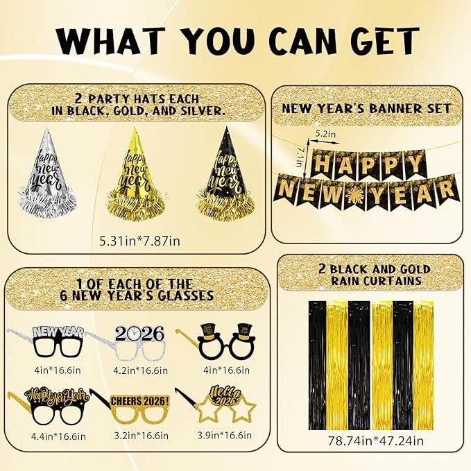 yquqwn 60 pcs 2026 new year eve party supplies happy new year decorations kit includes balloons, hats, banner, necklaces & more 2026 nye party accessories decor