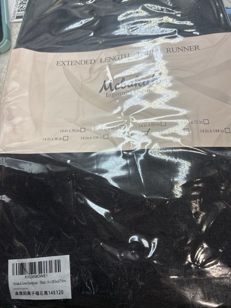 Condition photo showing New/Like New for Mebakuk Linen Farmhouse Table Runner — Large Burlap Style Soft and Waterproof Decorative Fabric Runner for Outdoor Wedding and Dinner (14 x 120 Inches, Black)