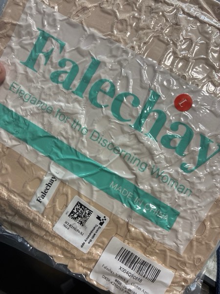 Condition photo showing New/Like New for Falechay Women’s Summer Top: V-Neck Short Sleeve Shirt, Dressy Casual Babydoll Blouse, Embroidered Eyelet Flowy Boho Clothing (Apricot, Large)