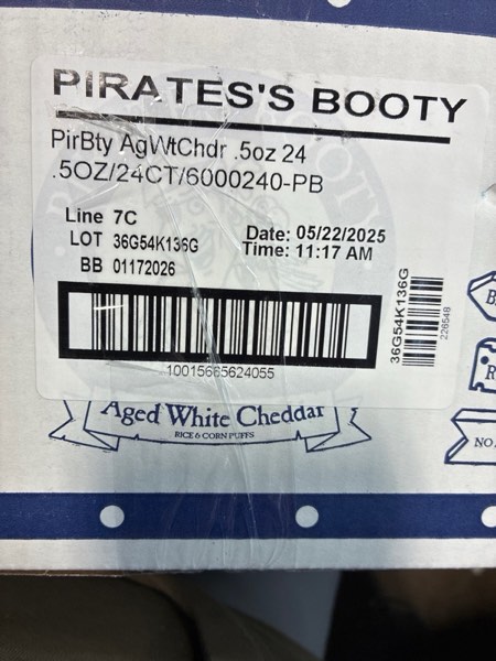 Condition photo showing New/Like New for Pirate s Booty Baked Puffs  Aged White Cheddar  0.5 Oz  24 Count (BB 01172026)