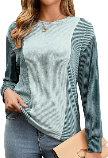 LA BAIESO Womens Long Sleeve Tops Color Block Crewneck Knitted Casual Pullover Sweatshirt Loose Fit Fall Clothes - Large