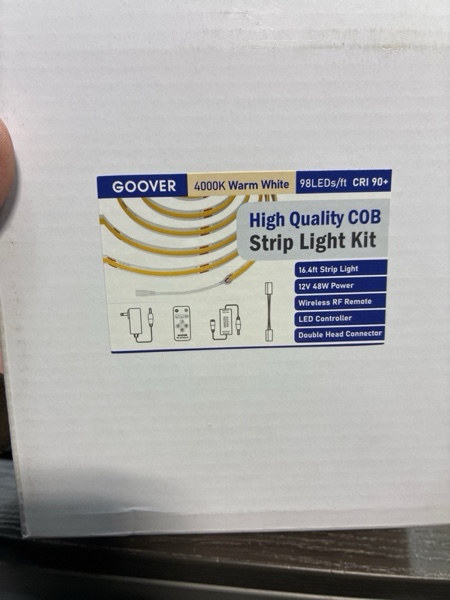 Condition photo showing New/Like New for GOOVER COB LED Strip Lights Kit with Remote & 48W Power Supply, DC 12V 4000K White 16.4ft Dimmable Tape Light, 150+LM/FT, 2.2W/FT, CRI 95+, High Density 1600 LEDs, UL Listed for Bedroom Kitchen 16.4FT 4000K KIT Natural White(COB)