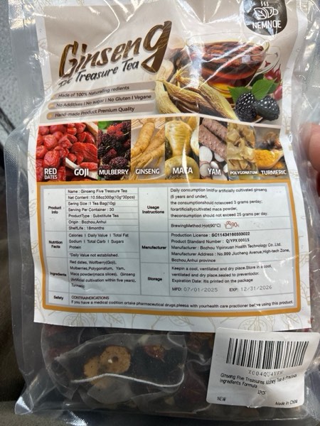 Condition photo showing New/Like New for 30Pcs Ginseng Five Treasures Kidney Tea,Traditional Chinese Herbal Health Tea,Natural Organic Kidney Cleanse Detox Teabags Gift for Men&Women,8 Precious Ingredients Formula 1 Pack/30Bags